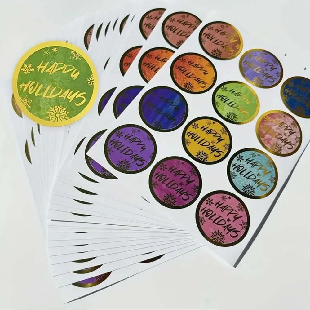 Festive Holiday Sticker Set 60 Multicolor 2 Inch Round Happy Holidays Snowflakes
